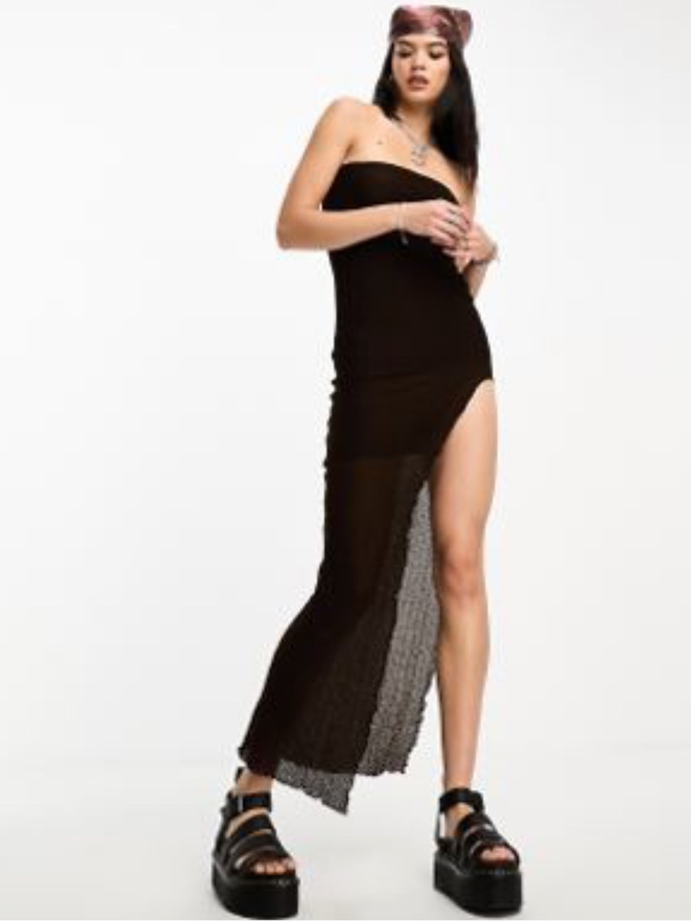 Bershka textured split front maxi dress in chocolate
